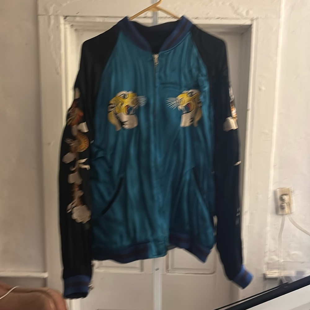 Beautiful vintage satin reversible bomber jacket says “okinawa” on back